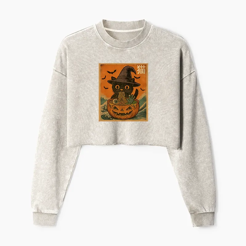 Tokyo-Tiger Halloween Cat Eating Ramen Washed Crop Sweatshirt