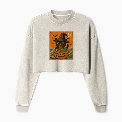 Tokyo-Tiger Halloween Cat Eating Ramen Washed Crop Sweatshirt