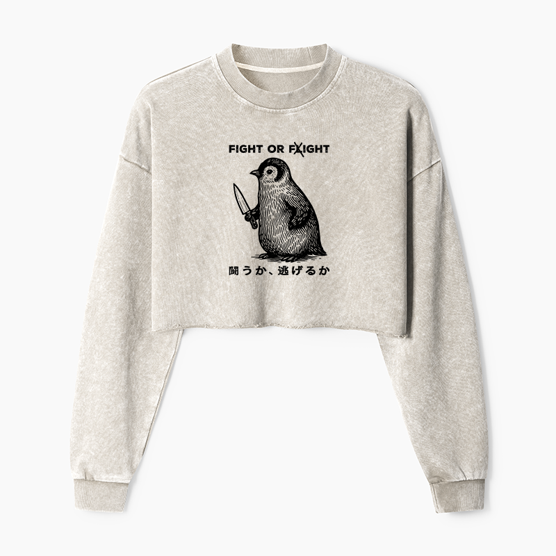 Tokyo-Tiger Funny Fight Or Flight Washed Crop Sweatshirt