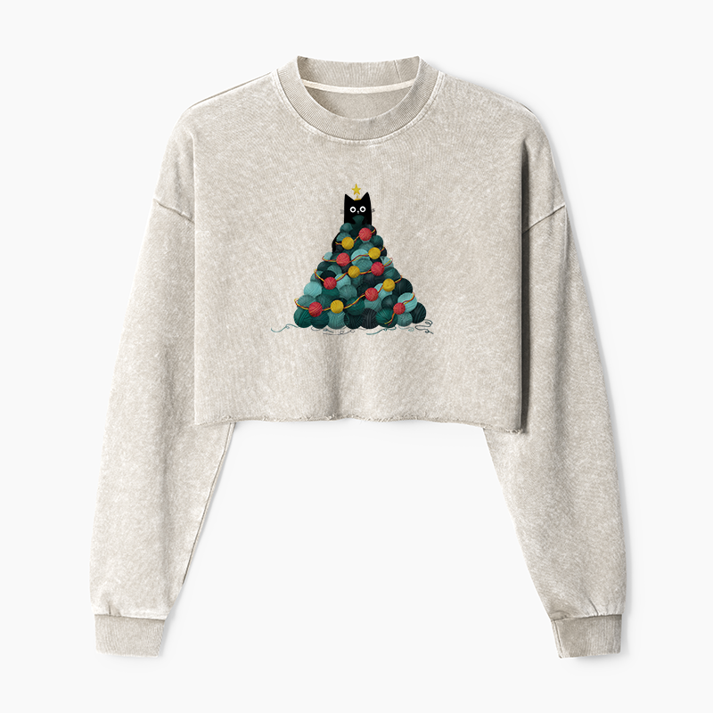 Tokyo-Tiger Yarn Christmas Tree Cat Washed Crop Sweatshirt