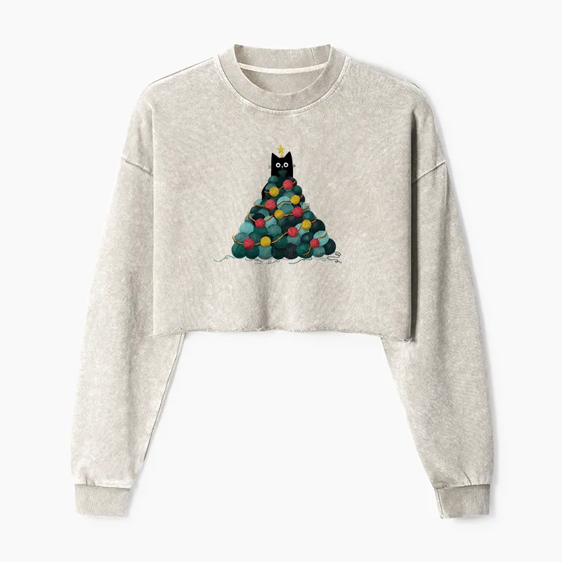 Tokyo-Tiger Yarn Christmas Tree Cat Washed Crop Sweatshirt