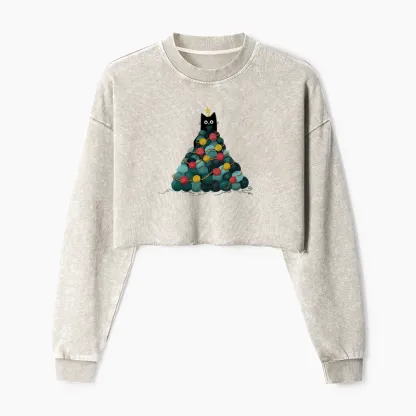 Tokyo-Tiger Yarn Christmas Tree Cat Washed Crop Sweatshirt