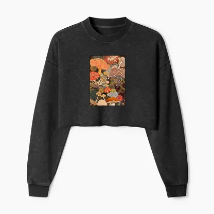 Tokyo-Tiger Psychedelic Mushroom Paintings Washed Crop Sweatshirt