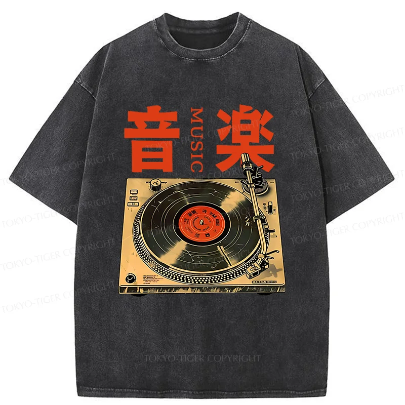 Tokyo-Tiger Retro Music Record Player Washed T-Shirt