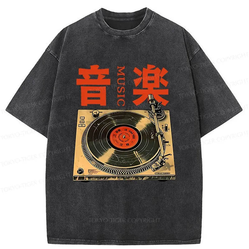 Tokyo-Tiger Retro Music Record Player Washed T-Shirt
