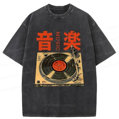 Tokyo-Tiger Retro Music Record Player Washed T-Shirt