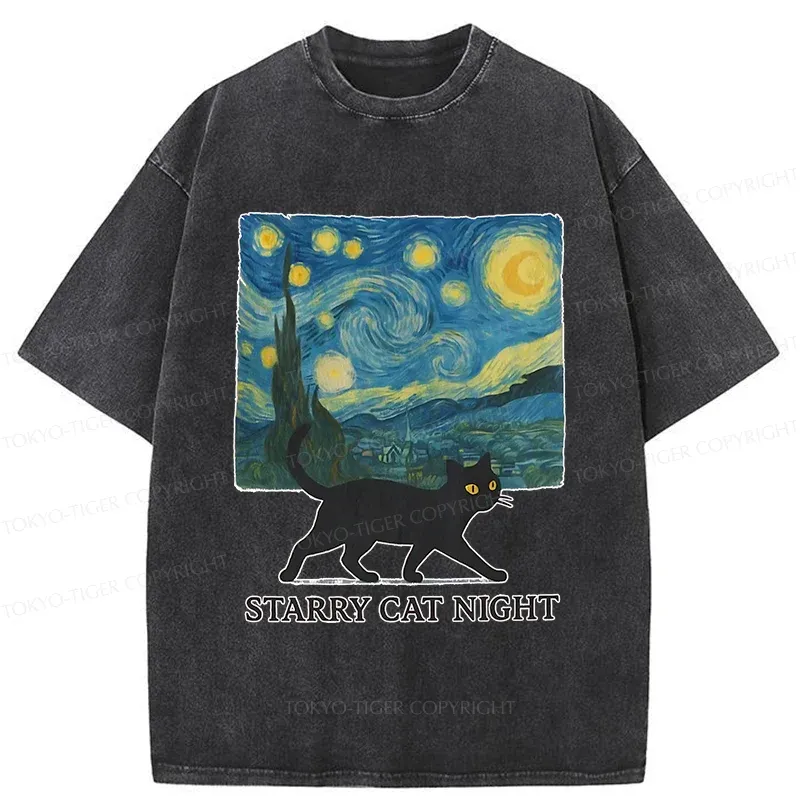 Tokyo-Tiger Cat Walking Under The Stars Washed T-Shirt