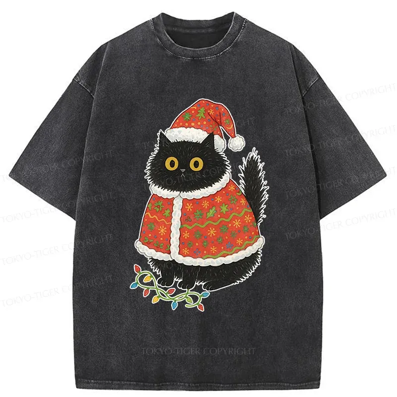 Tokyo-Tiger Cat Wearing Santa Hat Washed T-Shirt