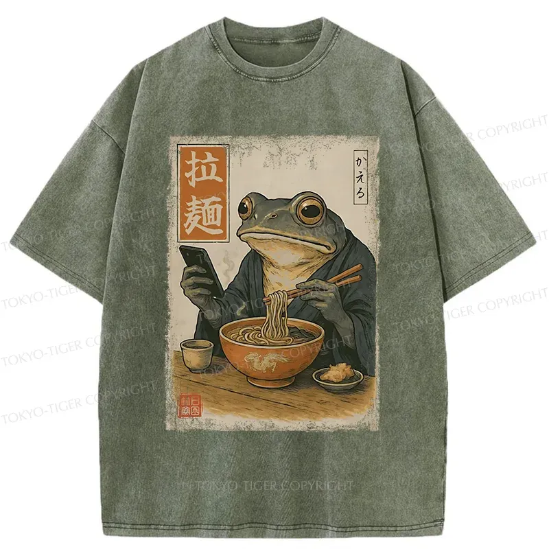 Tokyo-Tiger Funny Frog Eating Ramen Washed T-Shirt