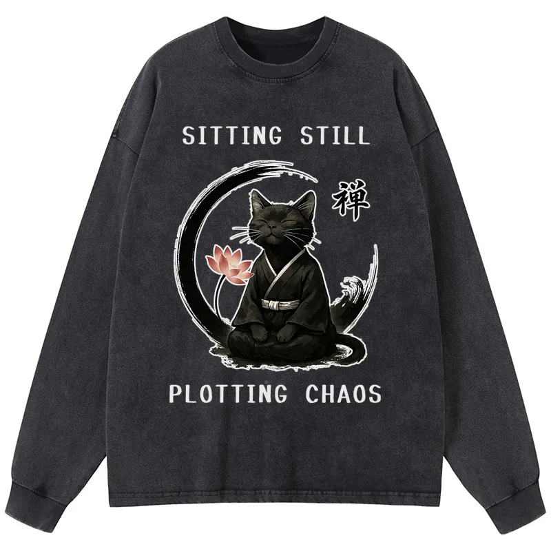 Tokyo-Tiger Sitting still  plotting chaos Calming Zen Cat Funny Washed Long Sleeve T-Shirt