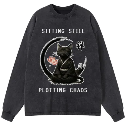 Tokyo-Tiger Sitting still  plotting chaos Calming Zen Cat Funny Washed Long Sleeve T-Shirt