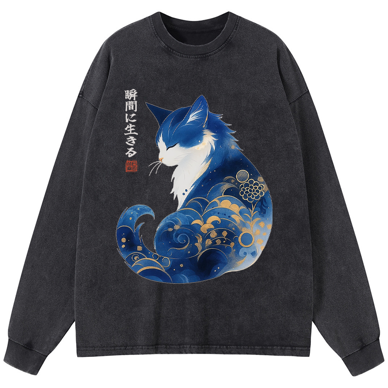 Tokyo-Tiger Retro Zen Cat: Living the Present Washed Long Sleeve T-Shirt