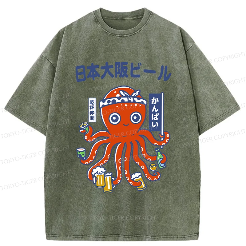 Tokyo-Tiger Octopus Chef Drinking Beer Washed T-Shirt