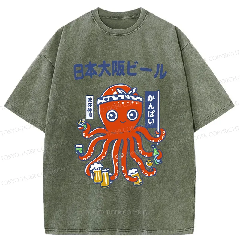 Tokyo-Tiger Octopus Chef Drinking Beer Washed T-Shirt