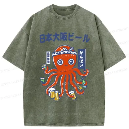 Tokyo-Tiger Octopus Chef Drinking Beer Washed T-Shirt
