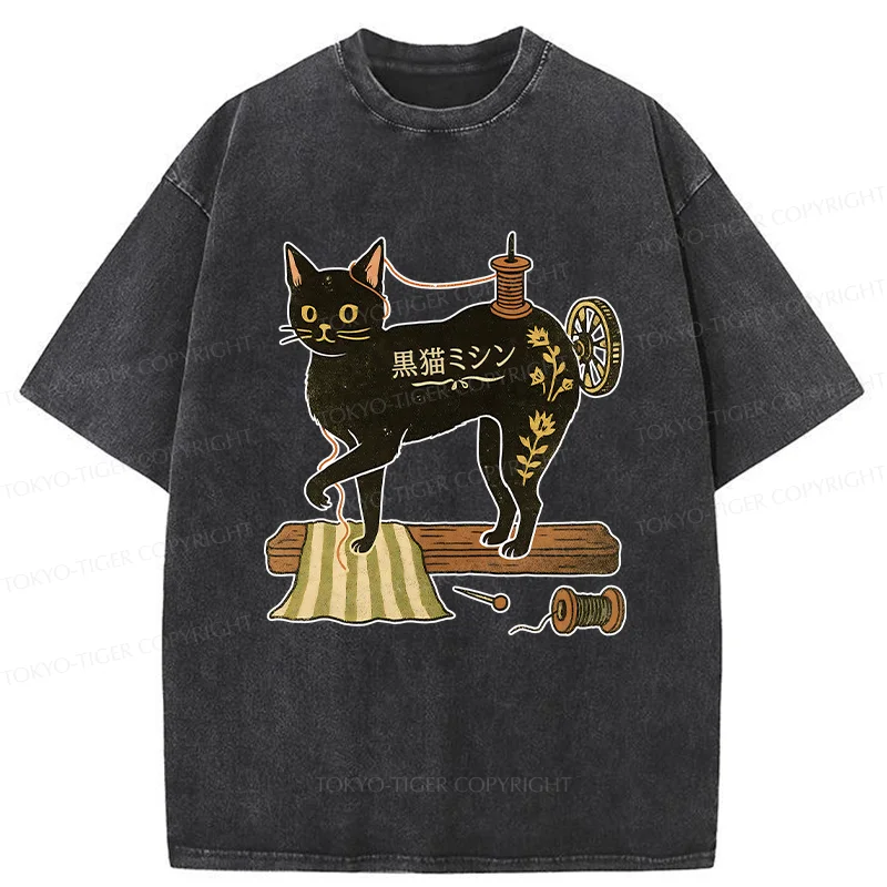Tokyo-Tiger Sewing Machine Cat Washed T-Shirt