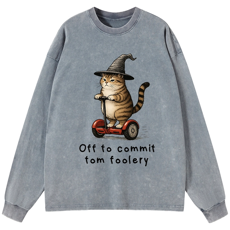 Tokyo-Tiger Orange Cat Riding Segway-style Washed Long Sleeve T-Shirt