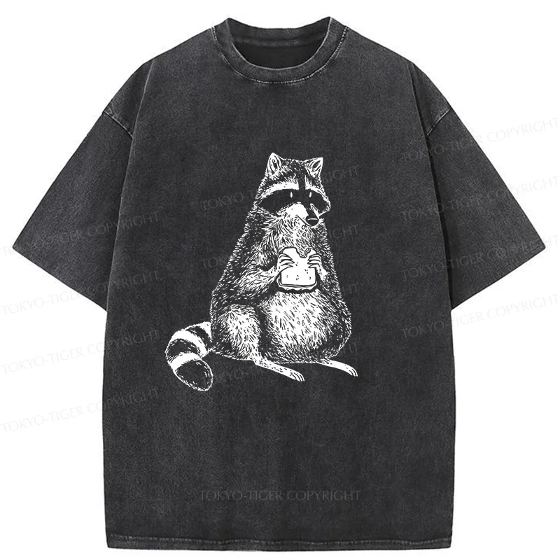 Tokyo-Tiger Raccoon Eating Bread Washed T-Shirt