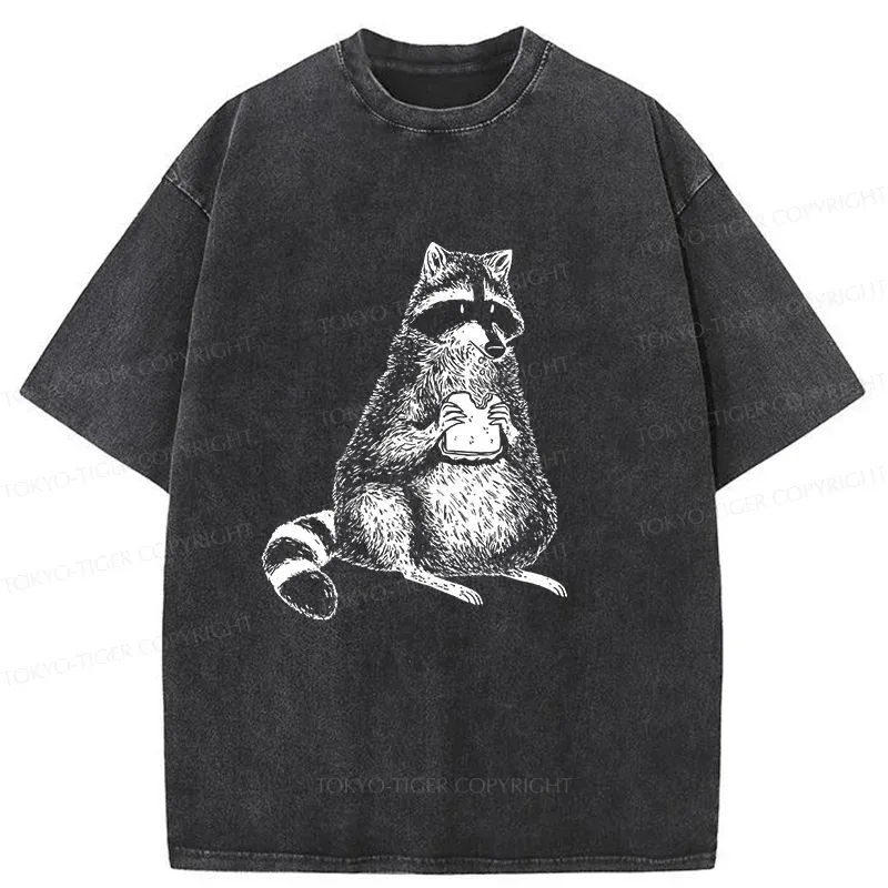 Tokyo-Tiger Raccoon Eating Bread Washed T-Shirt