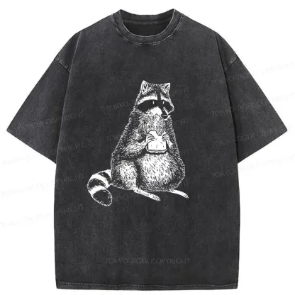 Tokyo-Tiger Raccoon Eating Bread Washed T-Shirt