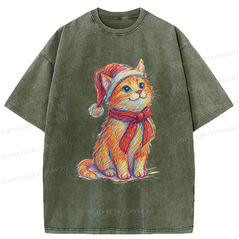 Tokyo-Tiger Lovely Christmas Cat Washed T-Shirt