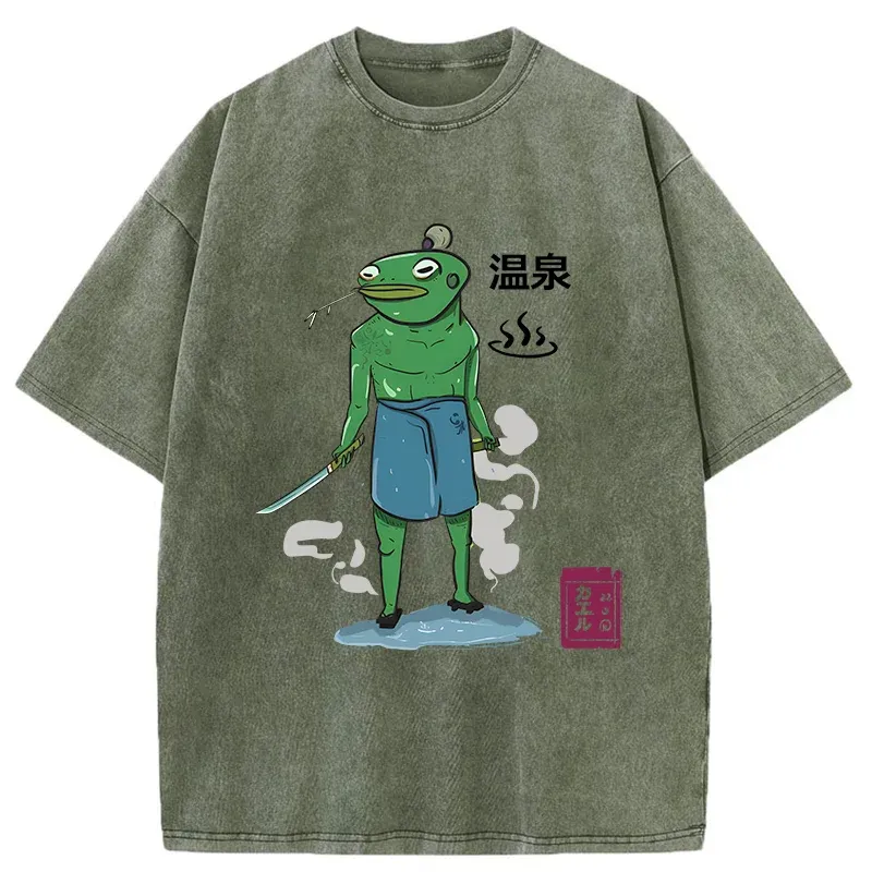 Tokyo-Tiger Frog Samurai Bathing In Hot Spring Washed T-Shirt