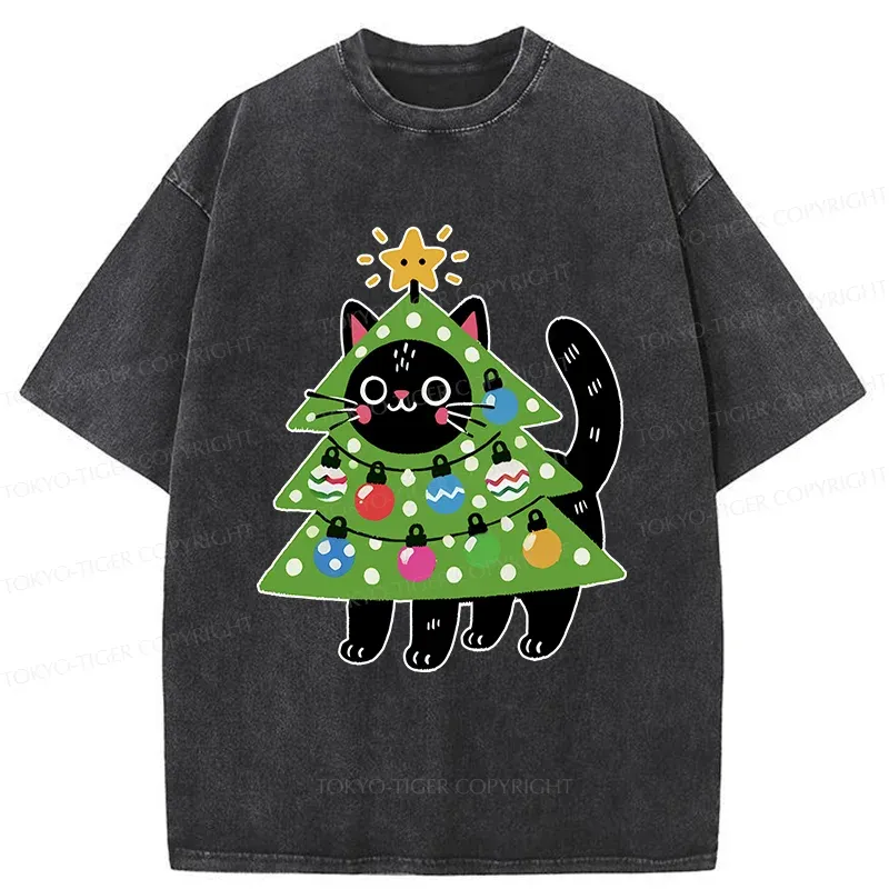 Tokyo-Tiger Christmas Tree Cat Washed T-Shirt Sale