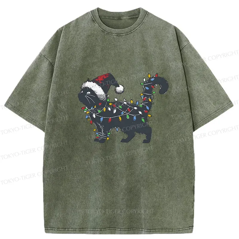 Tokyo-Tiger Cat Entangled In Christmas Lights Washed T-Shirt