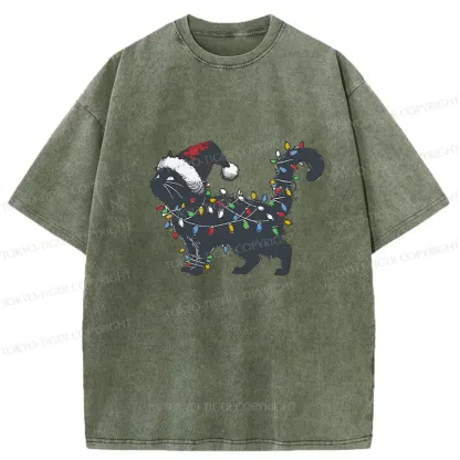 Tokyo-Tiger Cat Entangled In Christmas Lights Washed T-Shirt