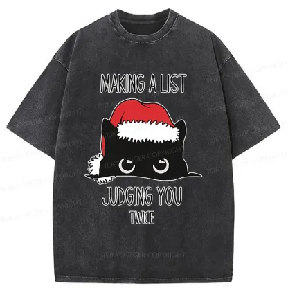 Tokyo-Tiger Christmas Cat Staring At You Washed T-Shirt