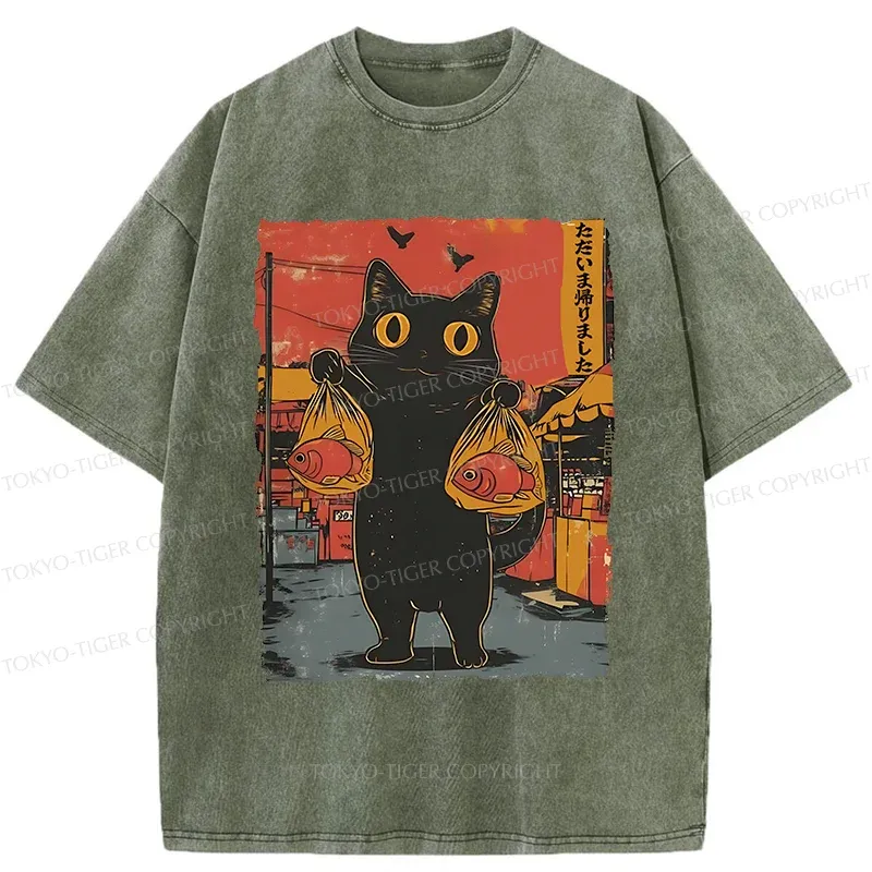 Tokyo-Tiger Cat Fishing Washed T-Shirt Sale