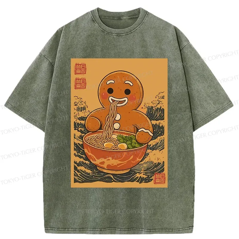 Tokyo-Tiger Gingerbread Man Eating Ramen Washed T-Shirt