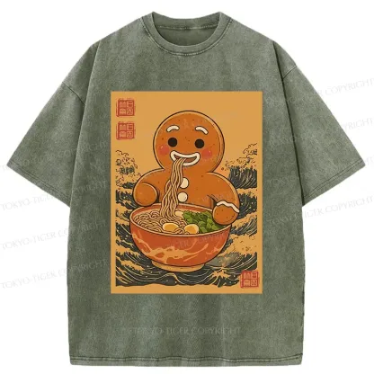 Tokyo-Tiger Gingerbread Man Eating Ramen Washed T-Shirt