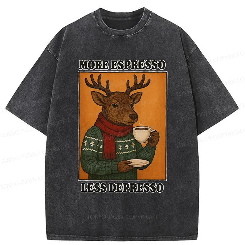 Tokyo-Tiger Reindeer Drinking Coffee Washed T-Shirt Sale