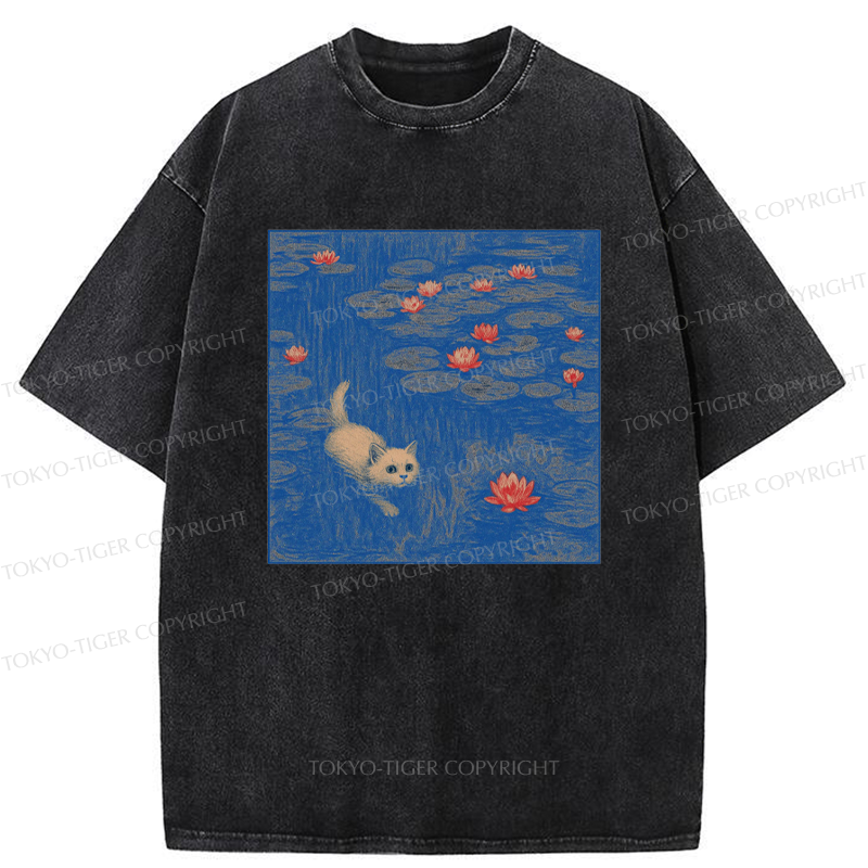 Tokyo-Tiger The Kitten Sneaking Into The Water Lilies Washed T-Shirt