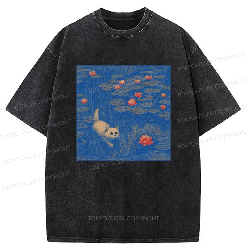 Tokyo-Tiger The Kitten Sneaking Into The Water Lilies Washed T-Shirt