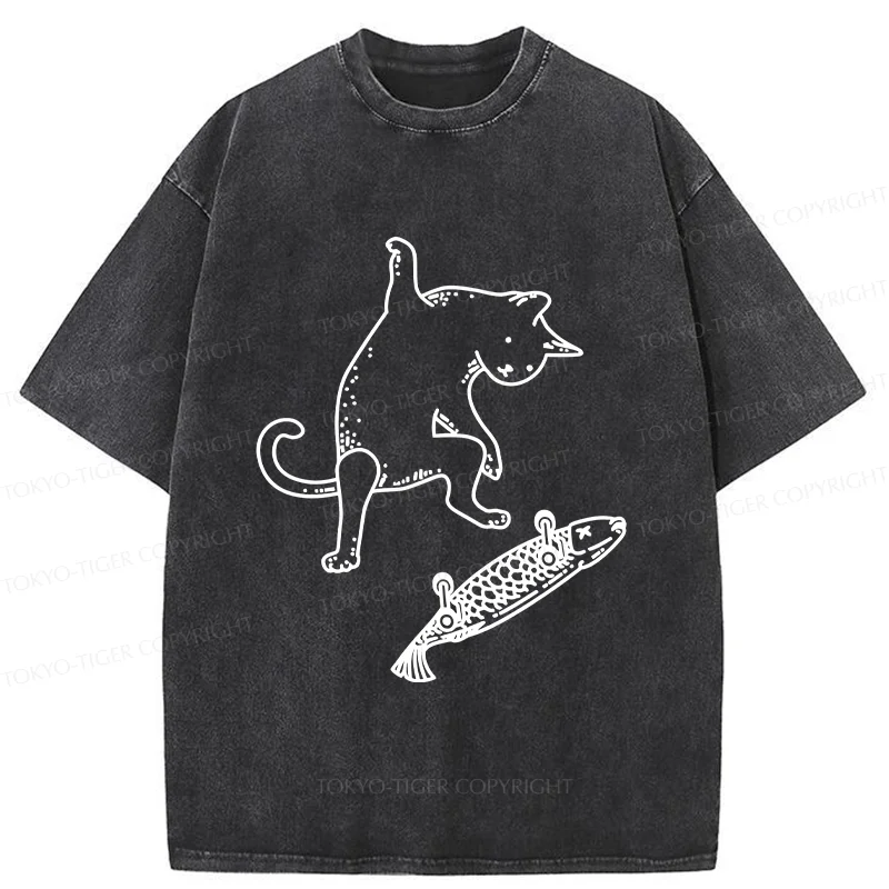 Tokyo-Tiger Cat Skateboarding Washed T-Shirt