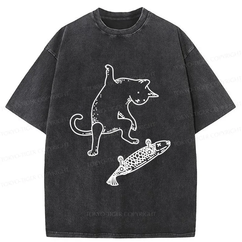 Tokyo-Tiger Cat Skateboarding Washed T-Shirt