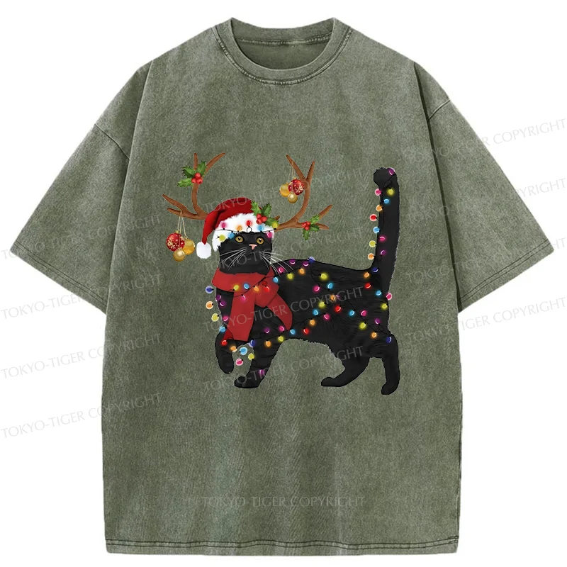 Tokyo-Tiger Christmas Black Cat Washed T-Shirt