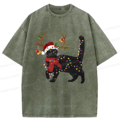 Tokyo-Tiger Christmas Black Cat Washed T-Shirt