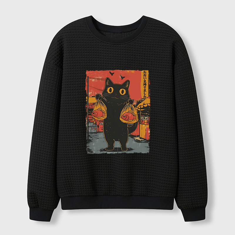 Tokyo-Tiger Cat Fishing Japanese Waffle Sweatshirt