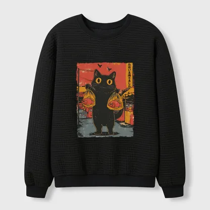 Tokyo-Tiger Cat Fishing Japanese Waffle Sweatshirt
