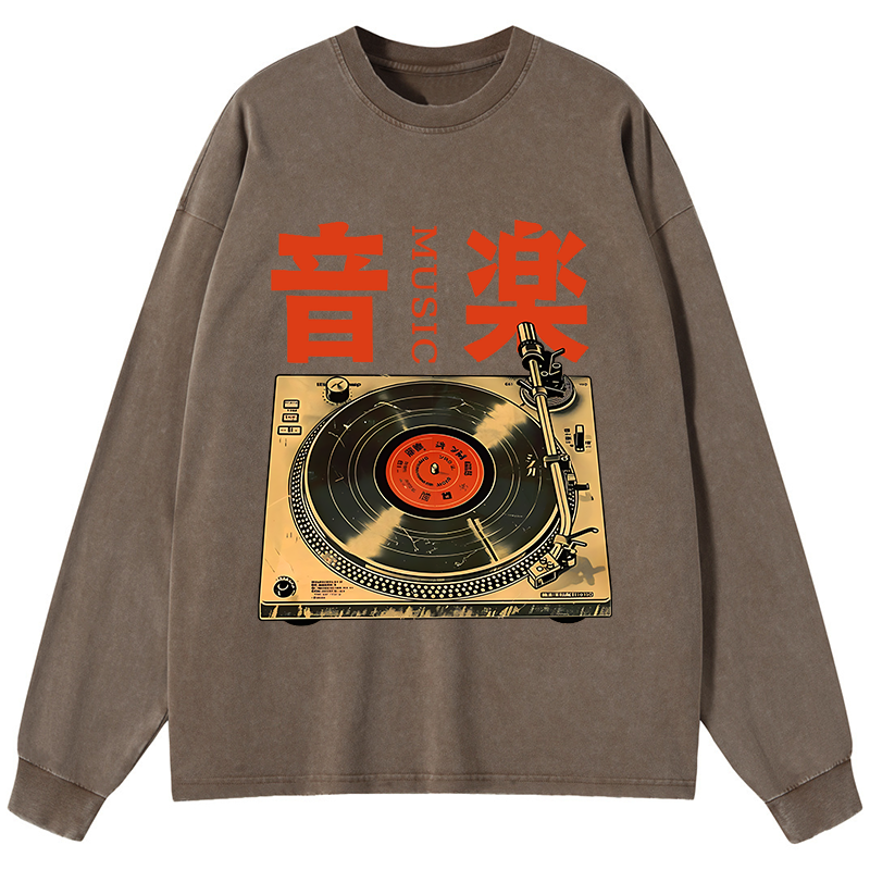 Tokyo-Tiger Retro Music Record Player Washed Long Sleeve T-Shirt
