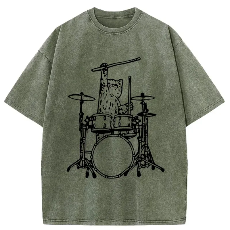 Tokyo-Tiger Handsome Cat Drummer Washed T-Shirt