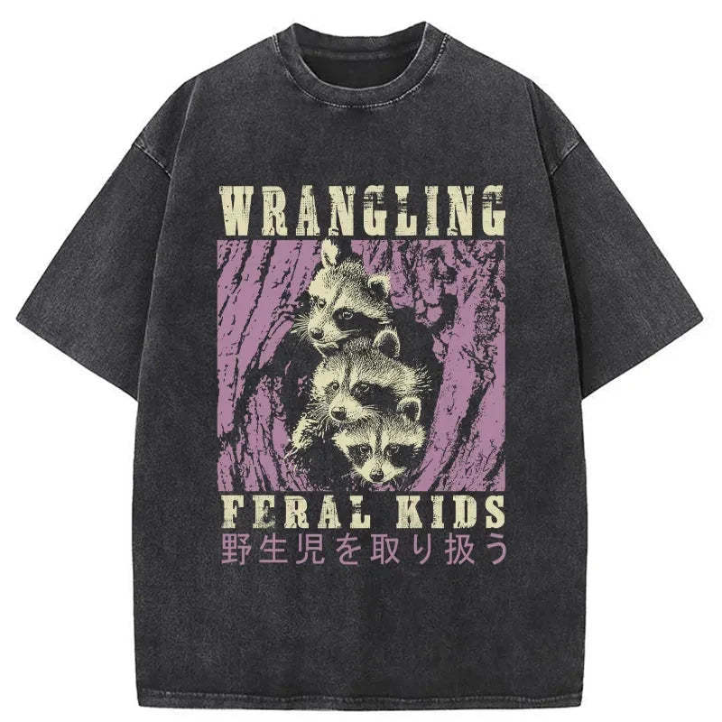 Tokyo-Tiger Wrangling Feral Raccoon Kids Washed T-Shirt Sale