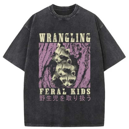 Tokyo-Tiger Wrangling Feral Raccoon Kids Washed T-Shirt
