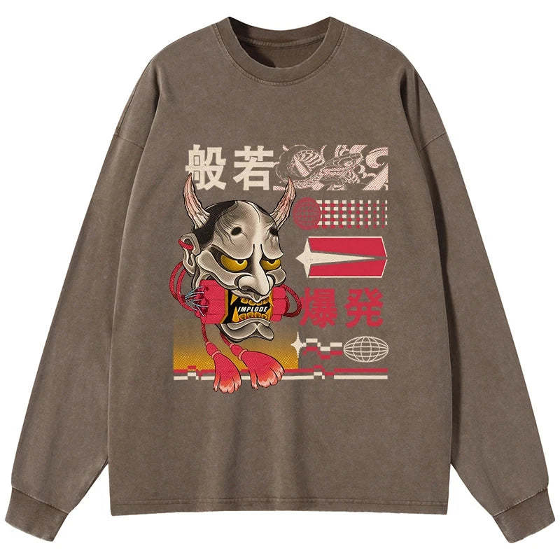 Tokyo-Tiger Hannya Mask Japanese Washed Long Sleeve T-Shirt Sale