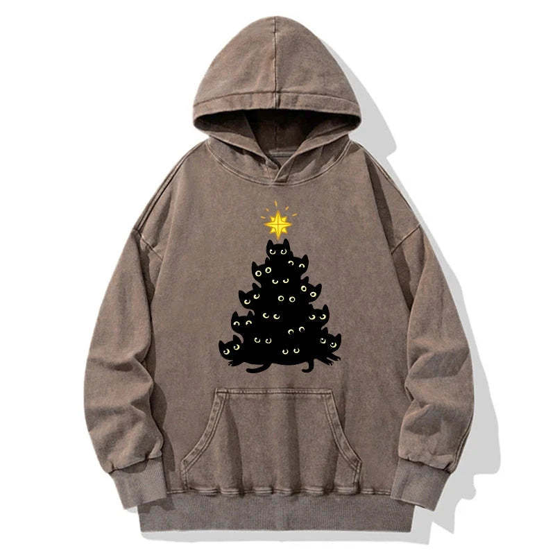 Tokyo-Tiger Black Cat Christmas Tree Washed Hoodie Sale