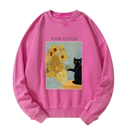 Tokyo-Tiger Black Cat With Sunflowers Washed Sweatshirt