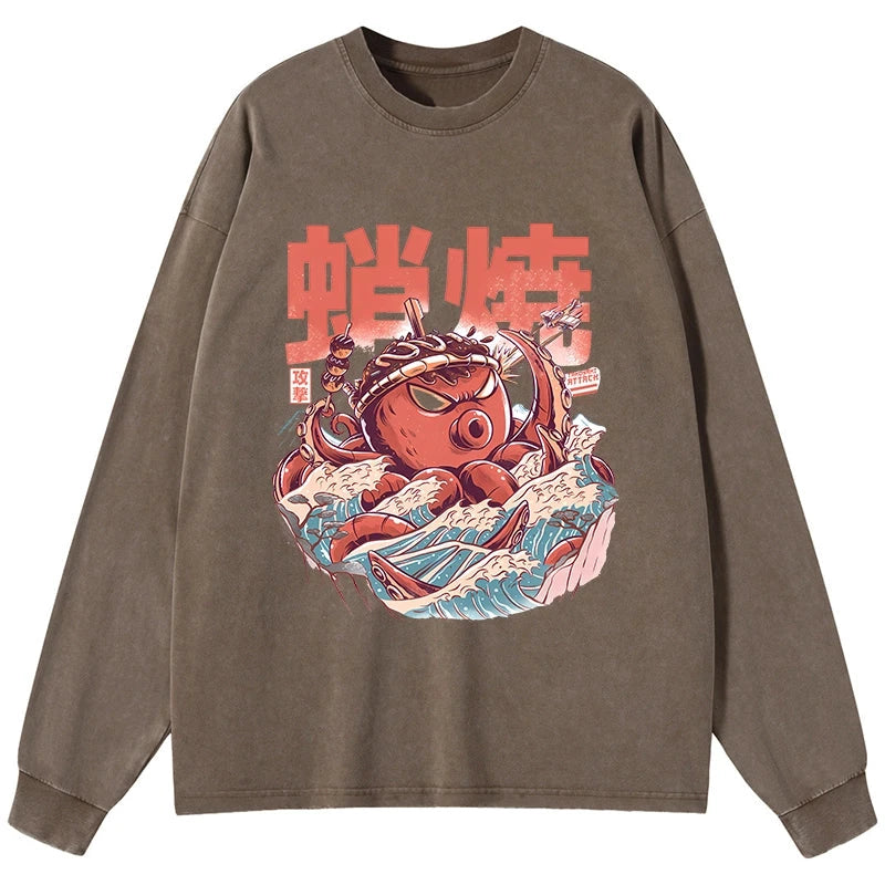 Tokyo-Tiger The Great Wave Takoyaki Japanese Washed Long Sleeve T-Shirt